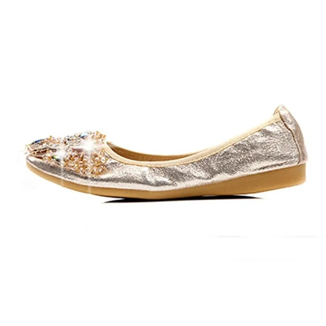 Merendy zinariya slip-on pointed toe Leather Jewel-embellished metallic ballet flats