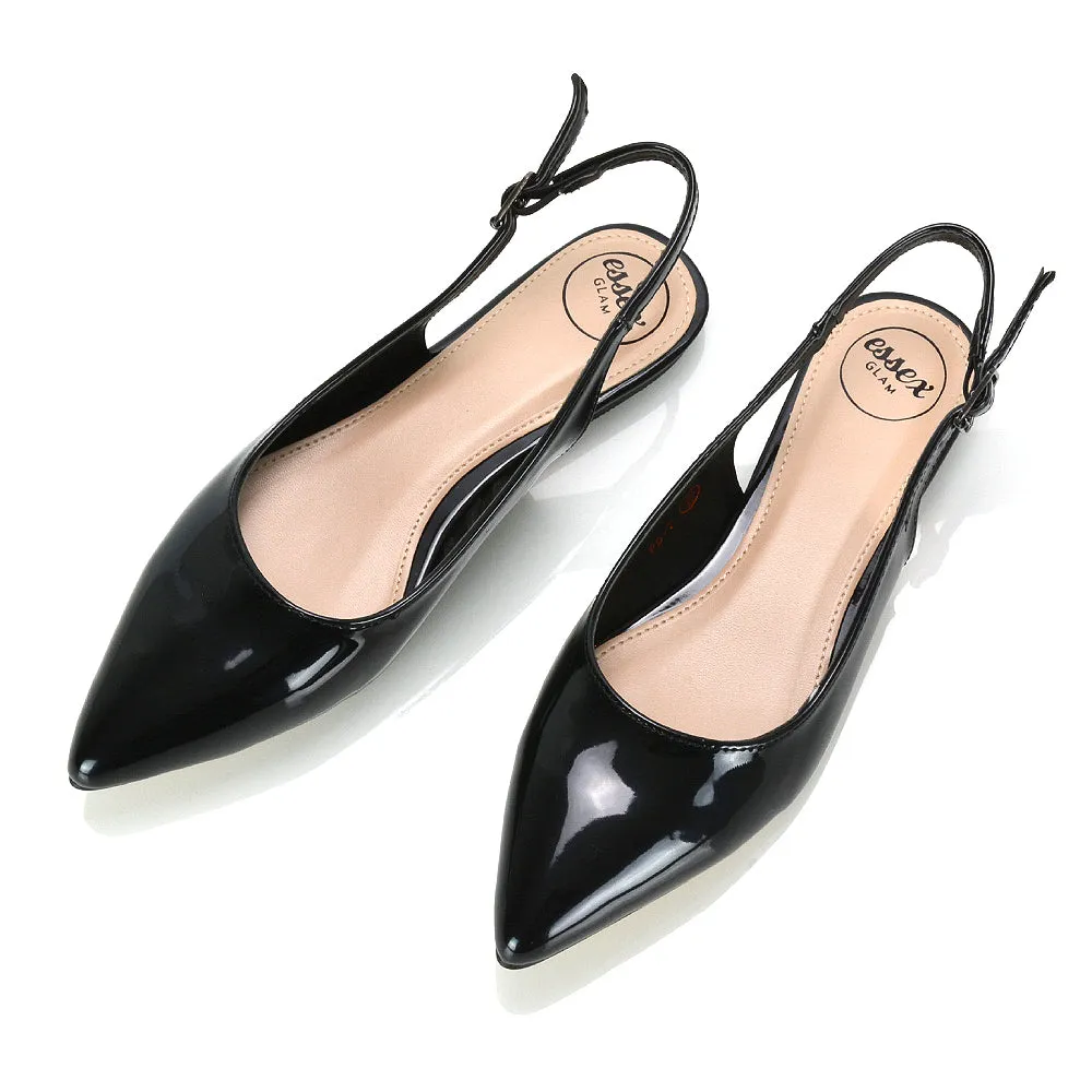 Mindy Pointed Toe Slingback Flat Ballerina Pumps in Nude Patent