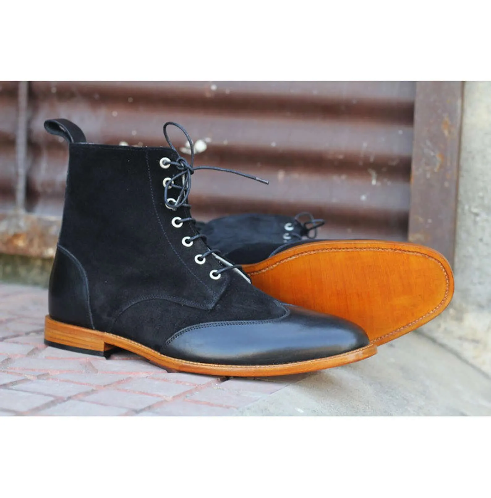 New Handmade Men's Black Leather Suede Wing Tip Boots, Men Fashion Ankle Boots