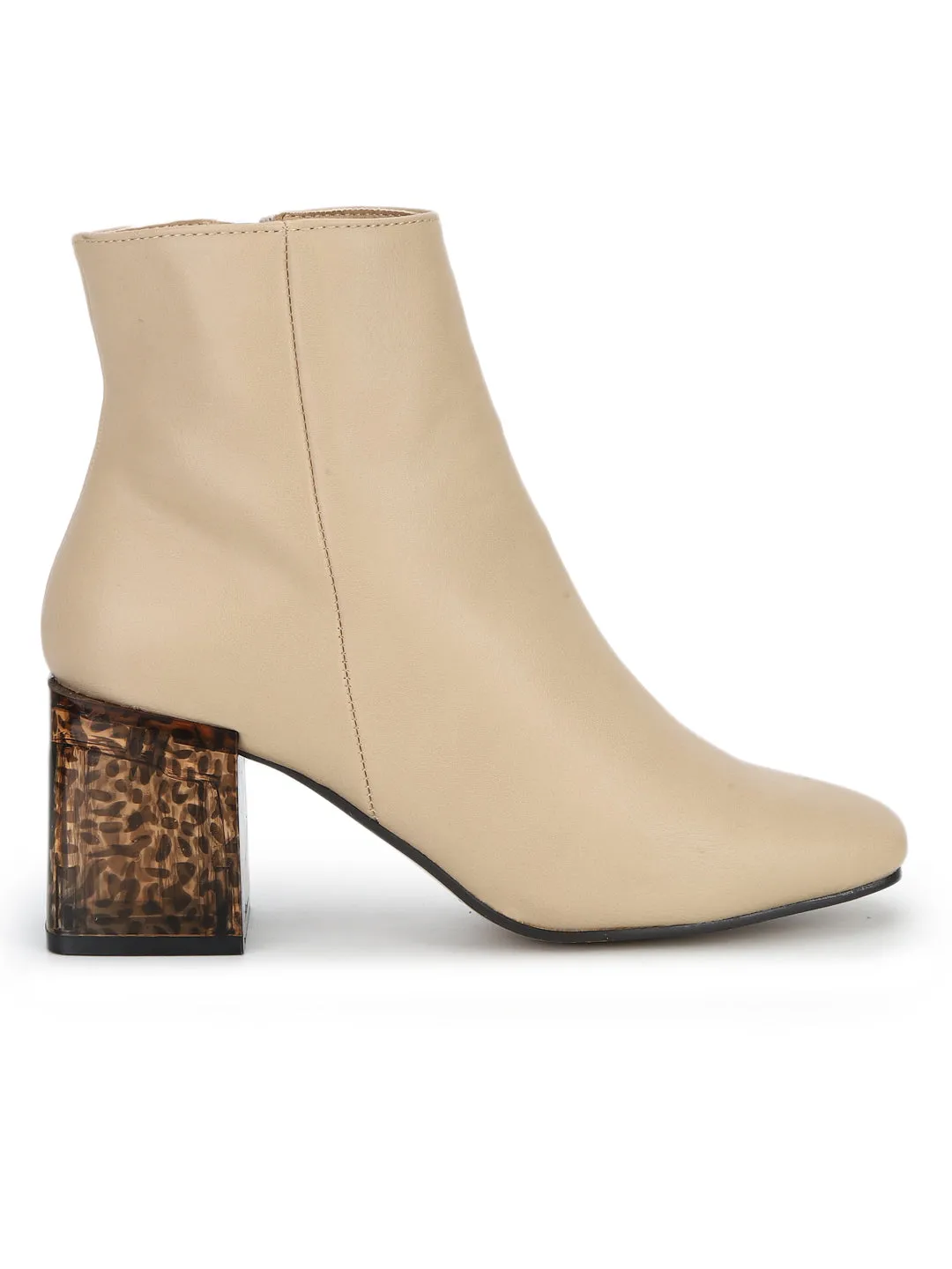 Nude PU Patterned Block Heel Ankle Boots