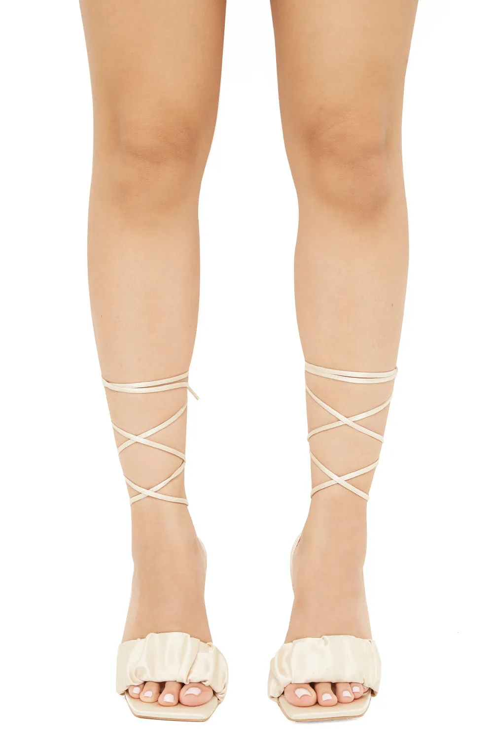 Nude Satin Ruched Mule Heels with Lace Up