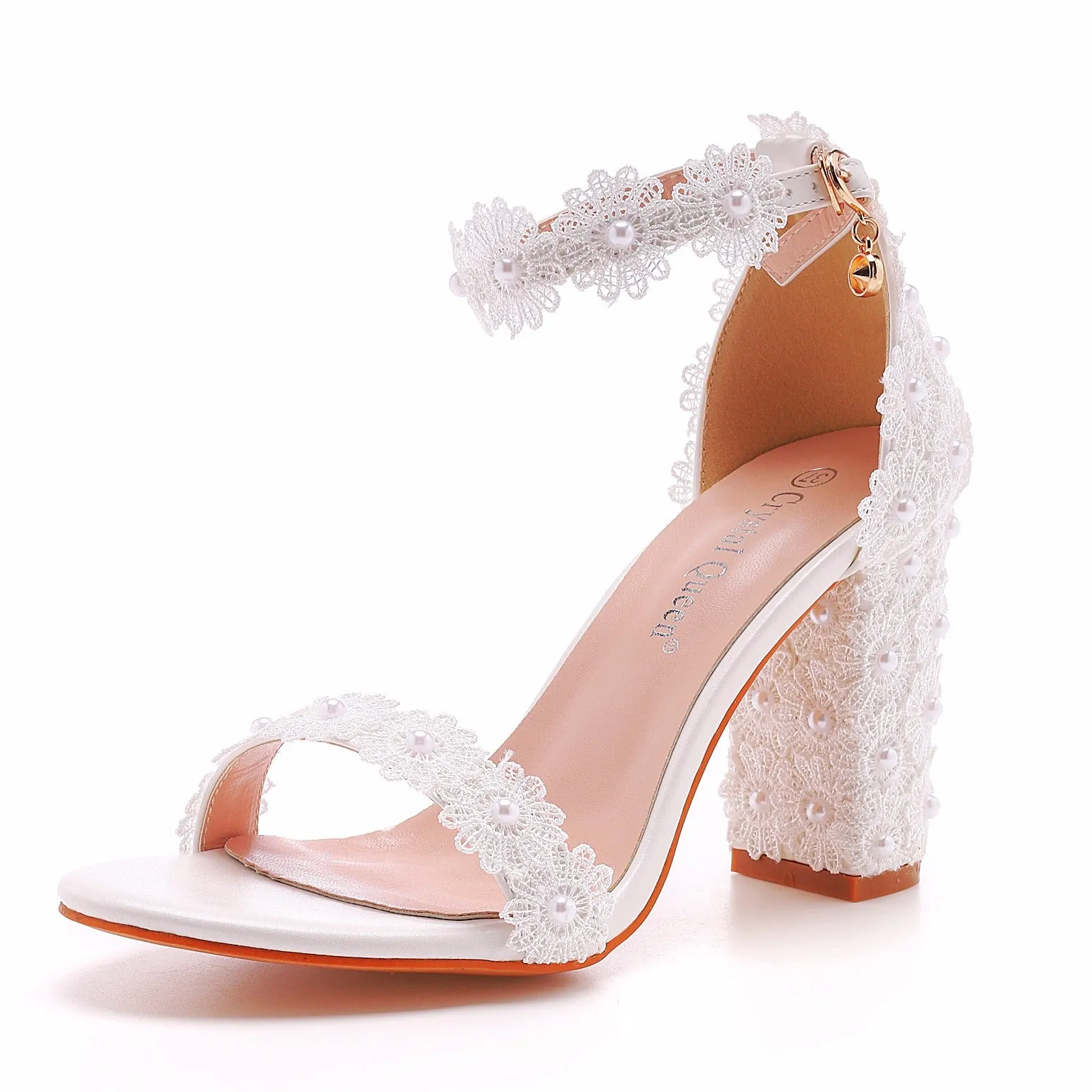 Open Toe Lace Pearl Ankle Strap Chunky Heel