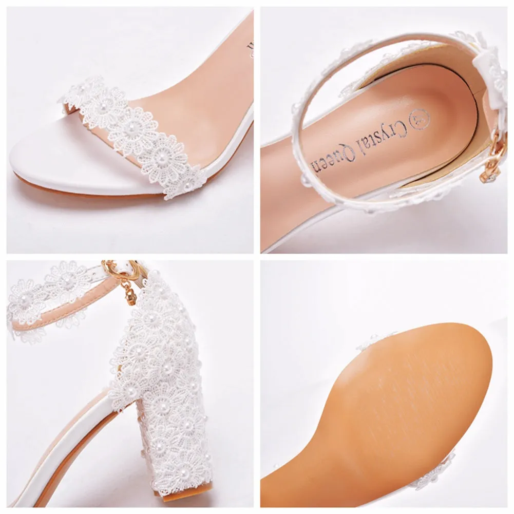 Open Toe Lace Pearl Ankle Strap Chunky Heel