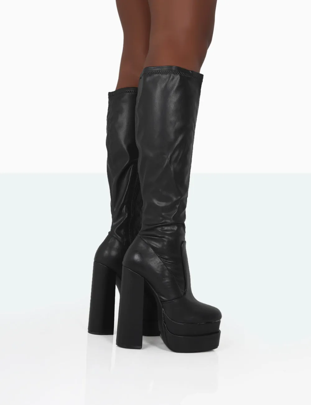 Passive Black Square Toe Platform Block High Heel Over The Knee Boots