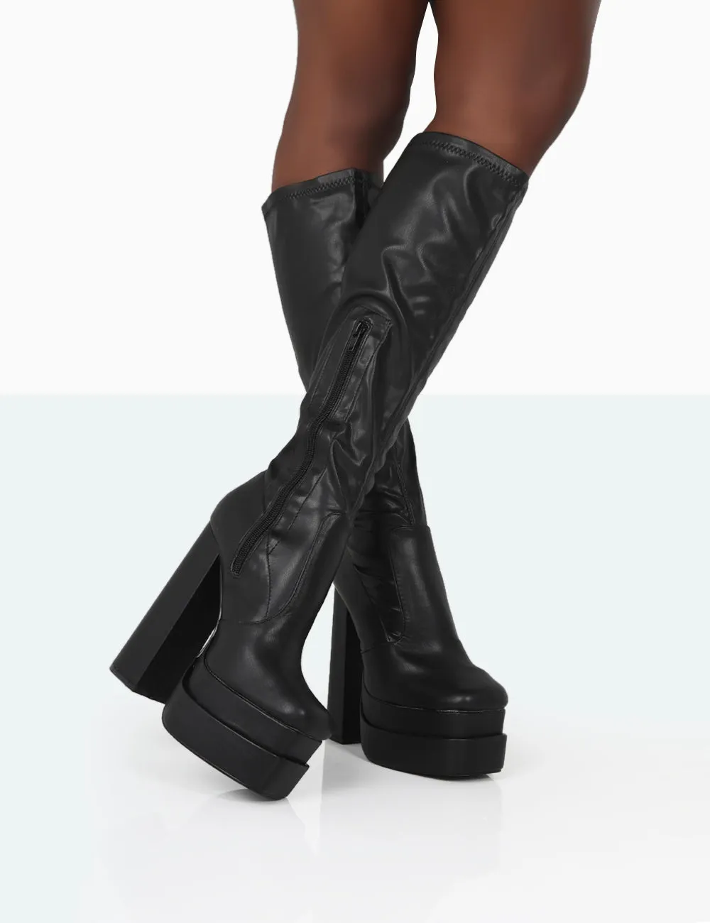 Passive Black Square Toe Platform Block High Heel Over The Knee Boots