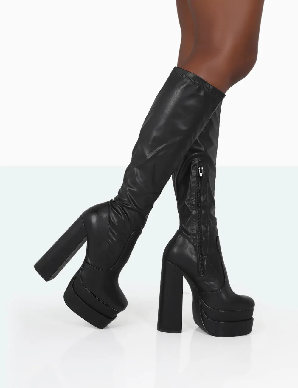 Passive Black Square Toe Platform Block High Heel Over The Knee Boots