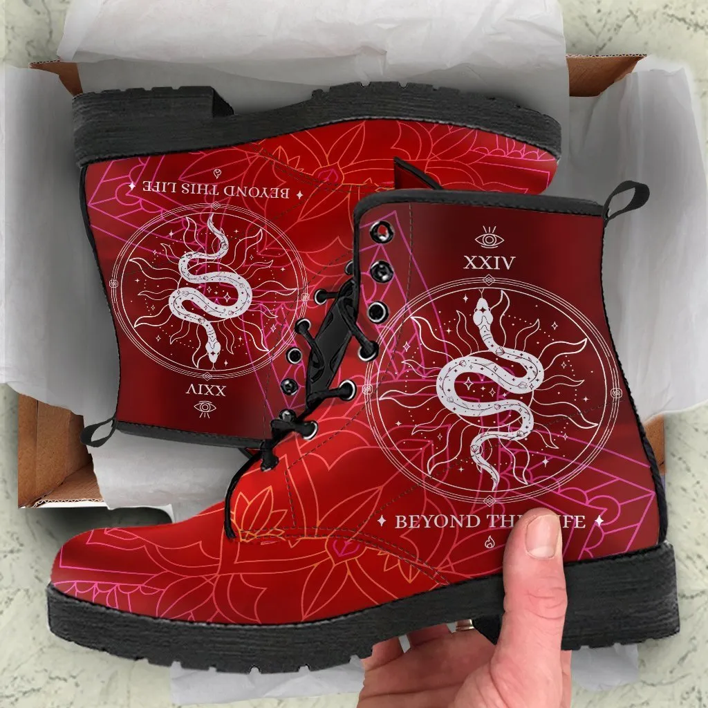 Red Combat Boots - Snake Boots | Vegan Leather Lace Up Boots Women, Handmade Lace Up Boots, Women's Boots, Custom Shoes, Aesthetic Shoes, Vegan Shoes