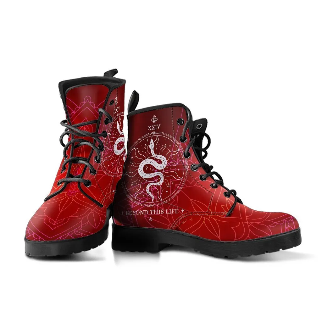 Red Combat Boots - Snake Boots | Vegan Leather Lace Up Boots Women, Handmade Lace Up Boots, Women's Boots, Custom Shoes, Aesthetic Shoes, Vegan Shoes