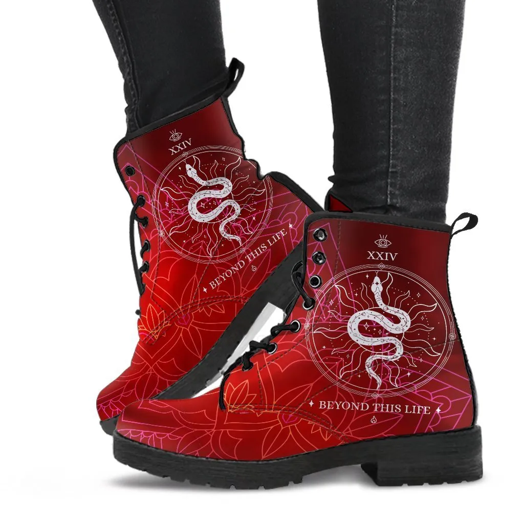 Red Combat Boots - Snake Boots | Vegan Leather Lace Up Boots Women, Handmade Lace Up Boots, Women's Boots, Custom Shoes, Aesthetic Shoes, Vegan Shoes