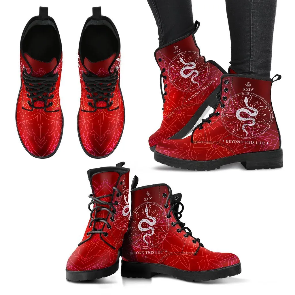 Red Combat Boots - Snake Boots | Vegan Leather Lace Up Boots Women, Handmade Lace Up Boots, Women's Boots, Custom Shoes, Aesthetic Shoes, Vegan Shoes