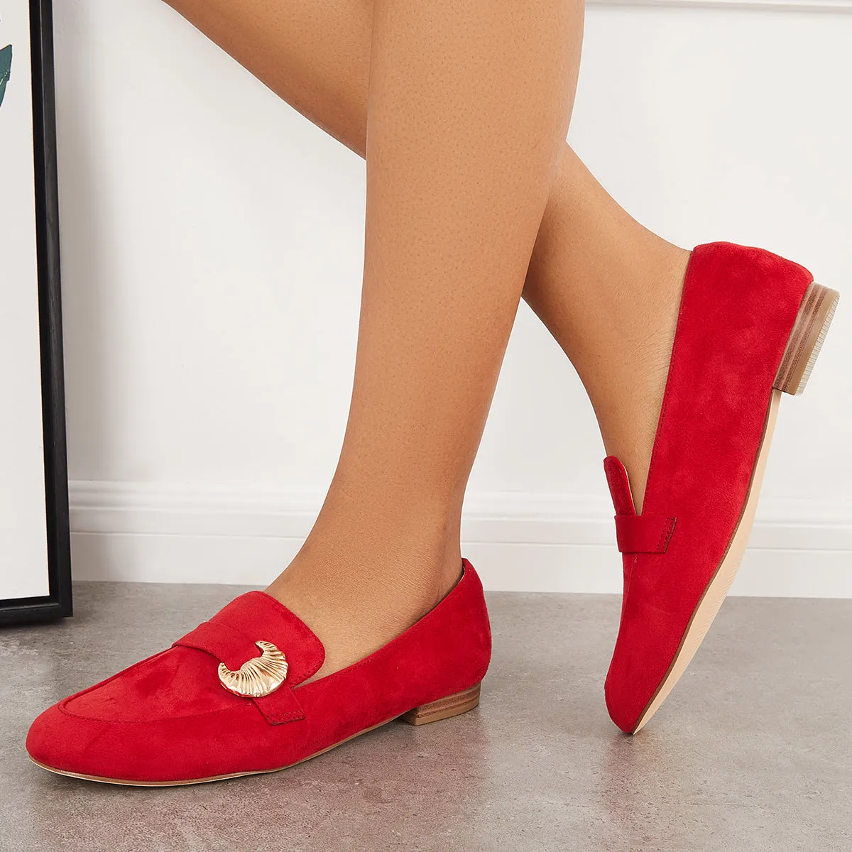 Sohiwoo Women Pointy Toe Penny Loafers Comfy Suede Office Flats Shoes
