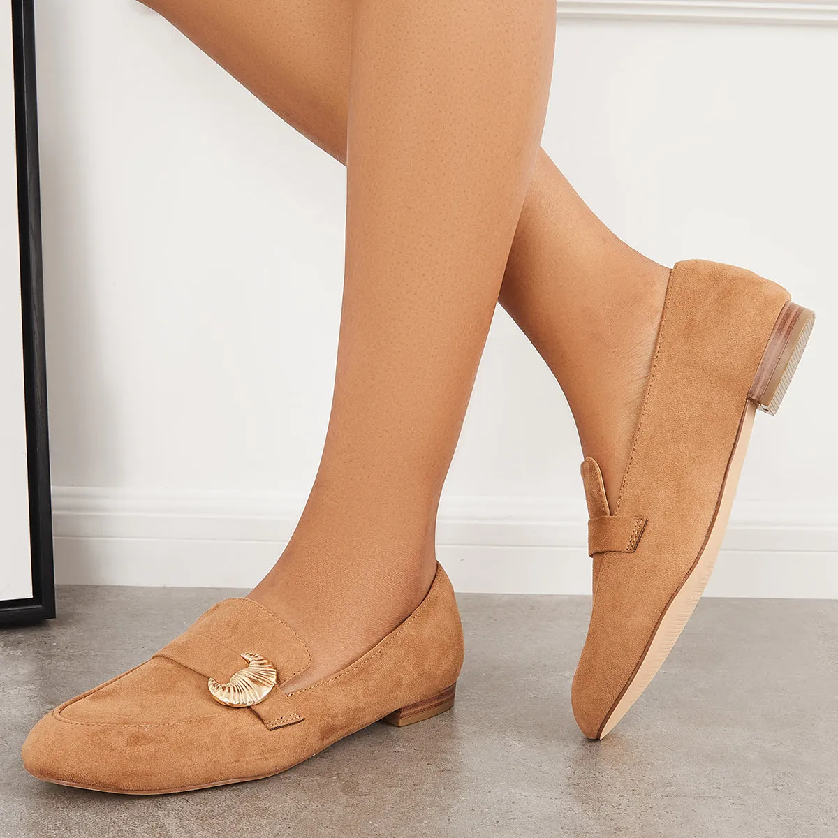 Sohiwoo Women Pointy Toe Penny Loafers Comfy Suede Office Flats Shoes