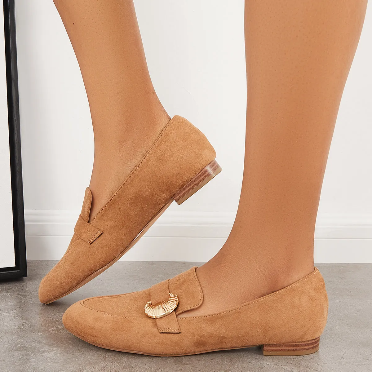 Sohiwoo Women Pointy Toe Penny Loafers Comfy Suede Office Flats Shoes