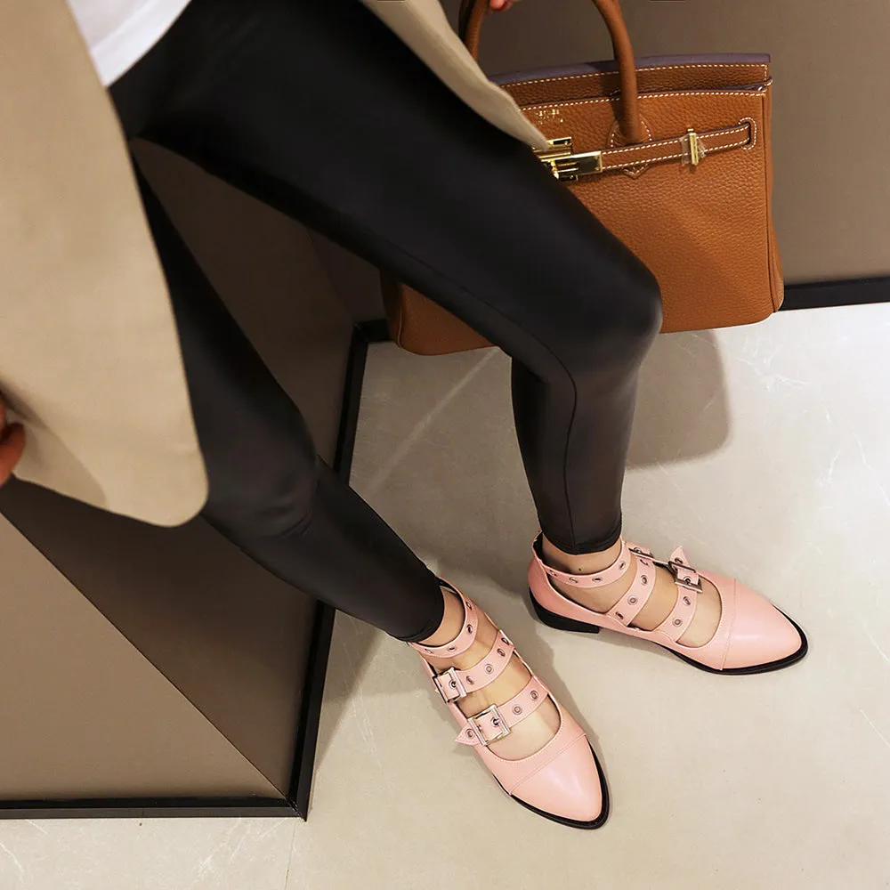 Spring Casual PU Leather Shoes Women Punk Shallow Flat Shoe Fashion Lolita Women Belt Buckle Shoes Belt Buckle Pointed Toe Flats