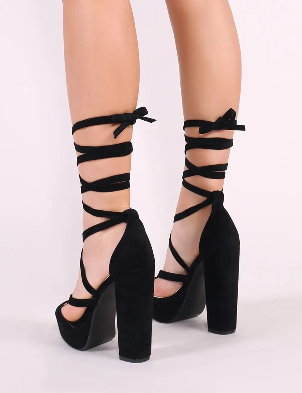 Stella Lace Up Heels in Black Faux Suede