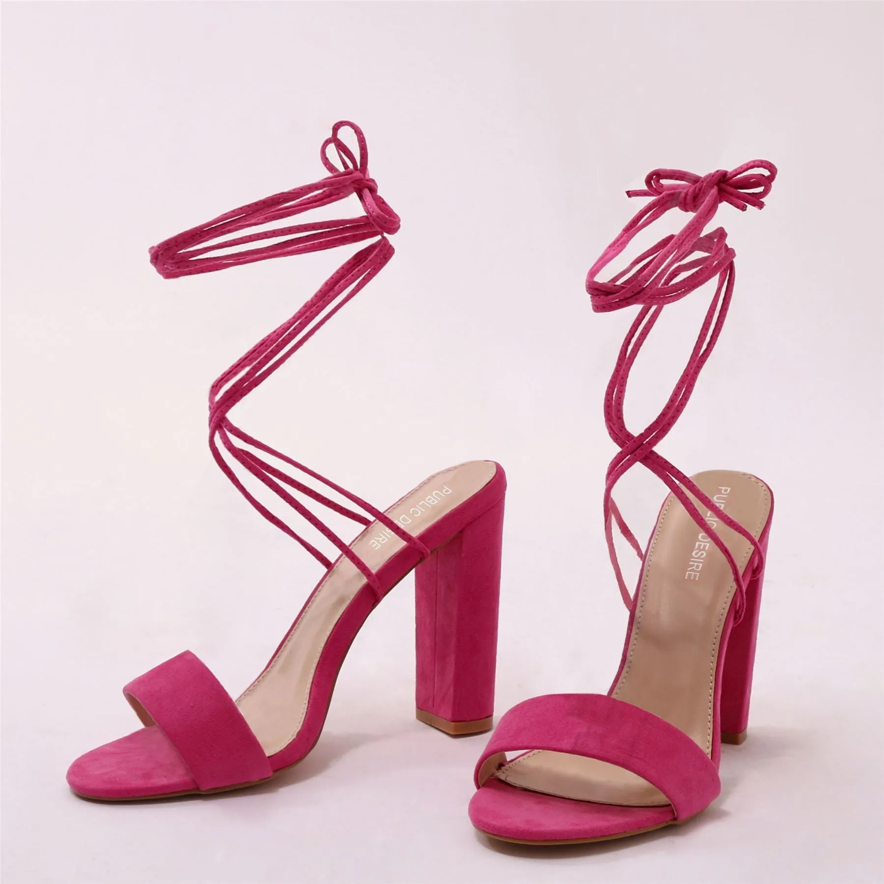 Suzu Strappy Block Heels in Pink Faux Suede