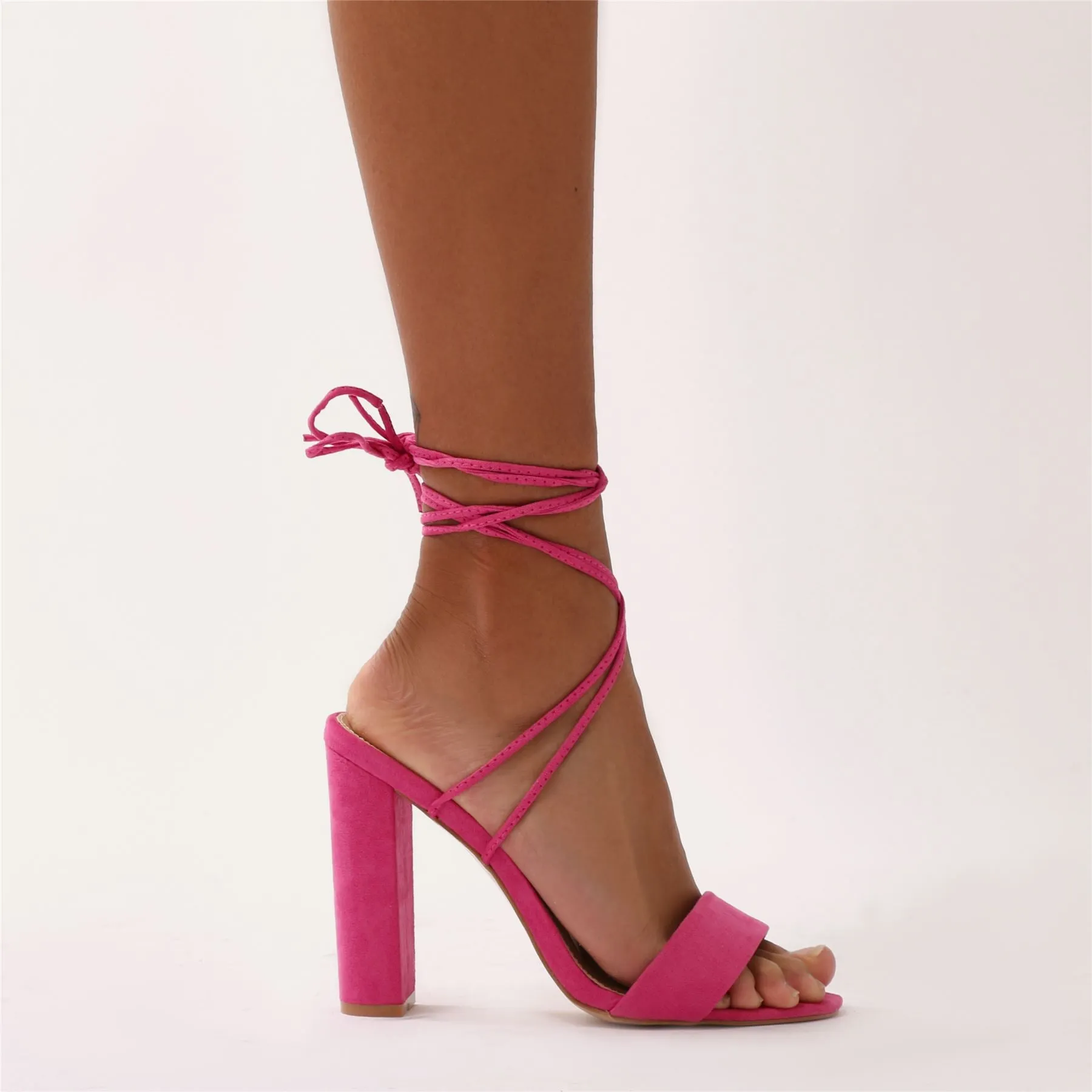 Suzu Strappy Block Heels in Pink Faux Suede