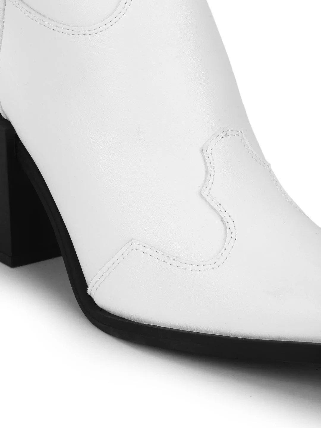 White Pu Ankle Length Block Heel Boots