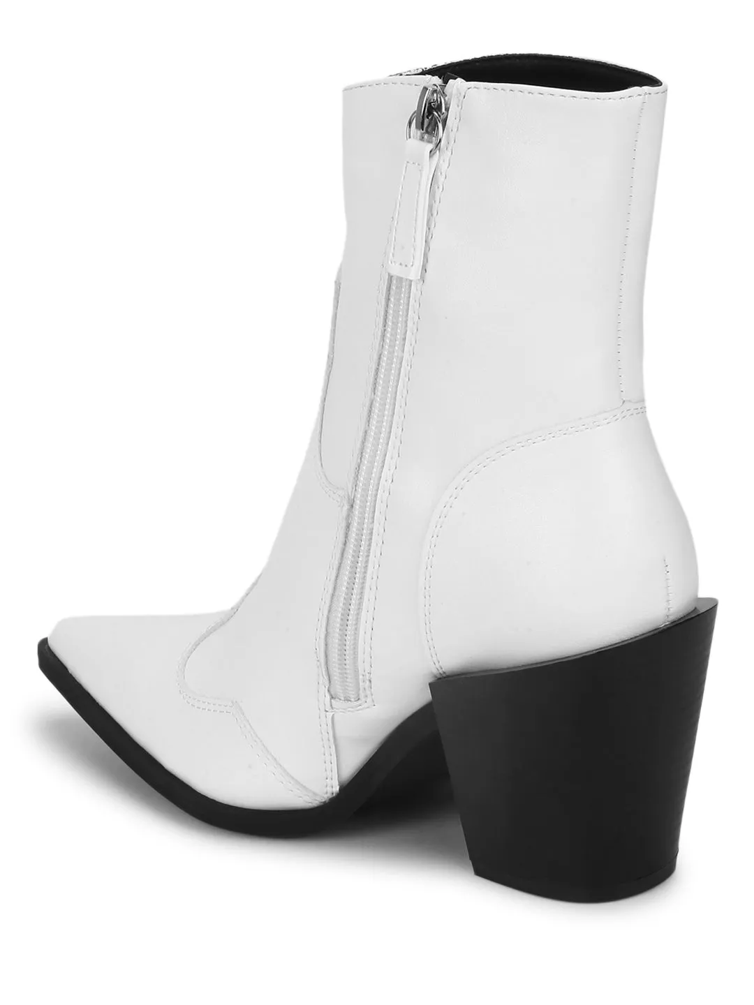 White Pu Ankle Length Block Heel Boots