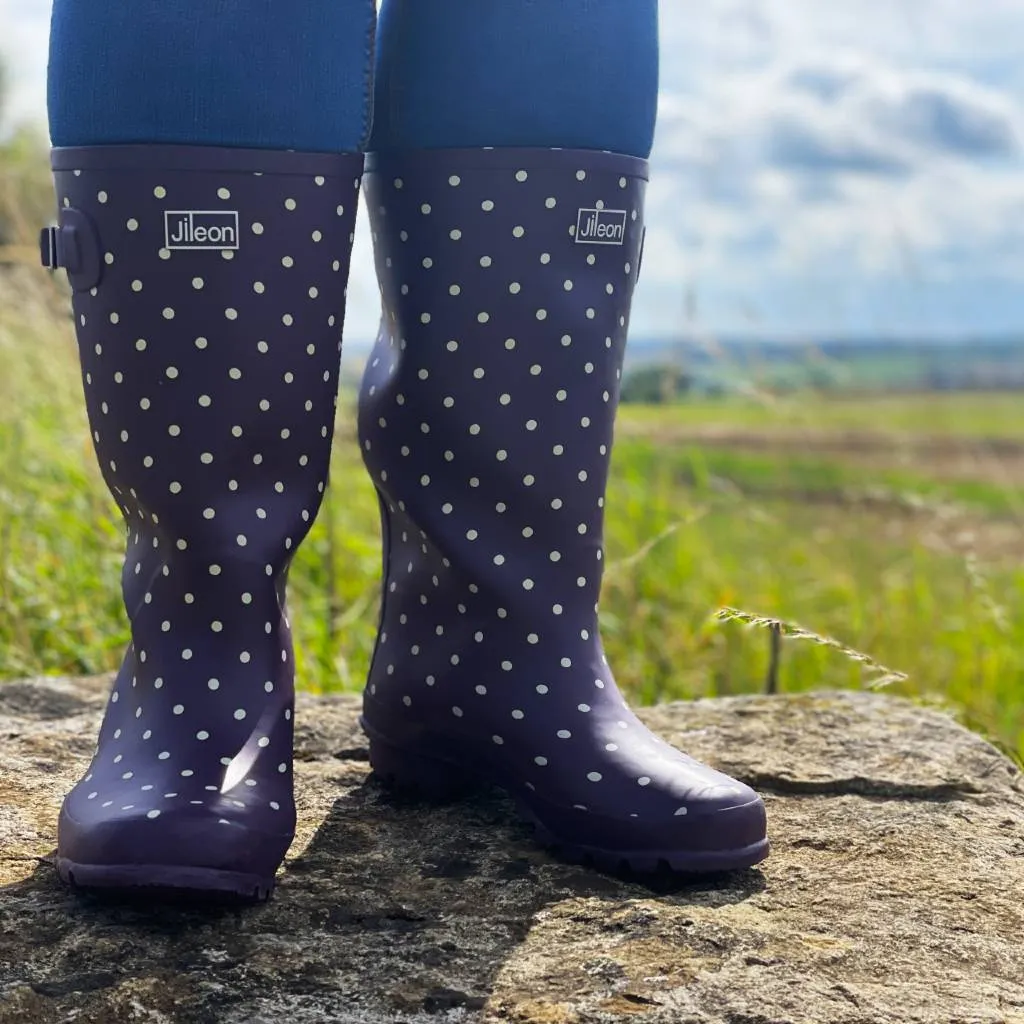 Wide Calf Rain Boots - 15 to 18 inch calf - Purple Spot - Wide Fit in Foot and Ankle