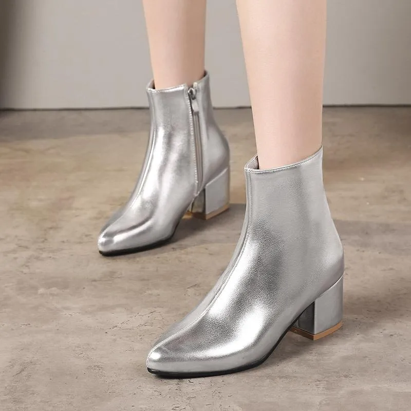 Women silver gold short plush lining block heel ankle booties