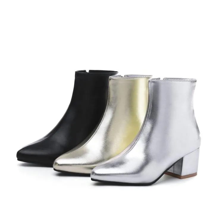 Women silver gold short plush lining block heel ankle booties