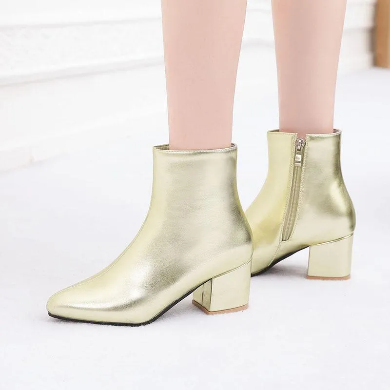 Women silver gold short plush lining block heel ankle booties