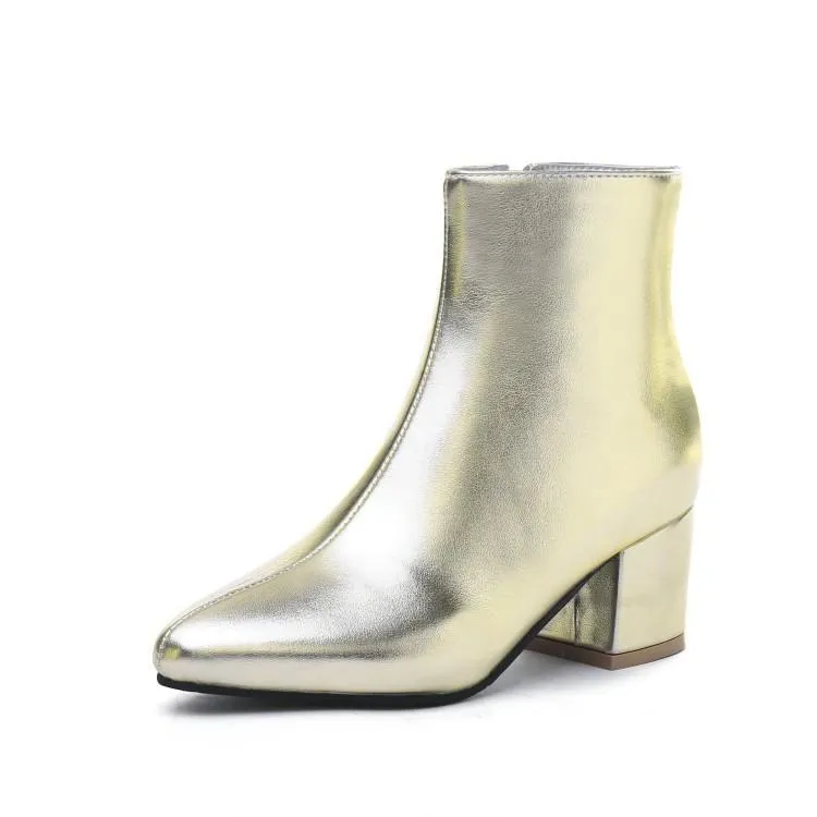 Women silver gold short plush lining block heel ankle booties