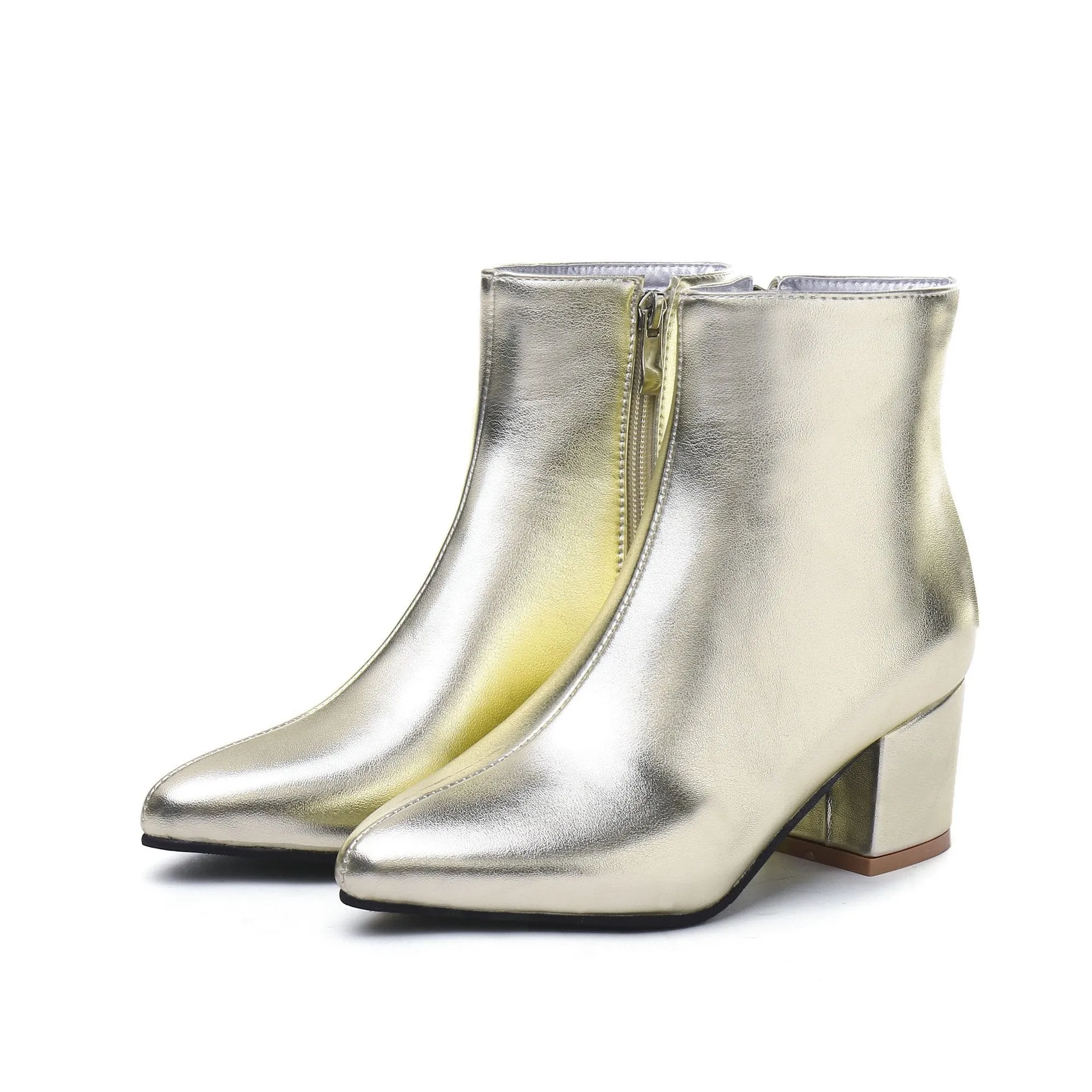 Women silver gold short plush lining block heel ankle booties