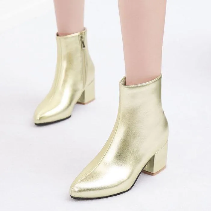 Women silver gold short plush lining block heel ankle booties