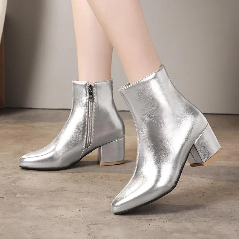 Women silver gold short plush lining block heel ankle booties