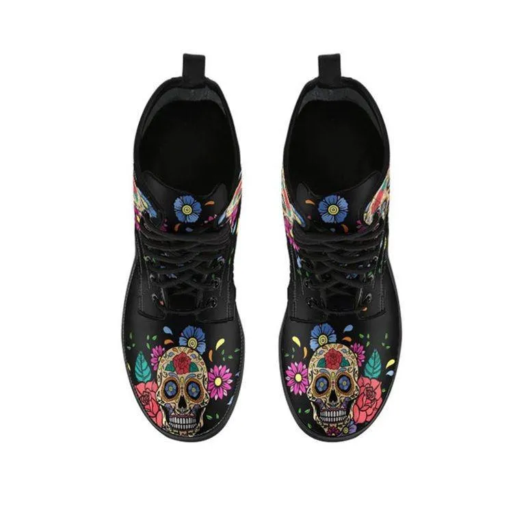 Women's colorful skull print black lace-up ankle boots
