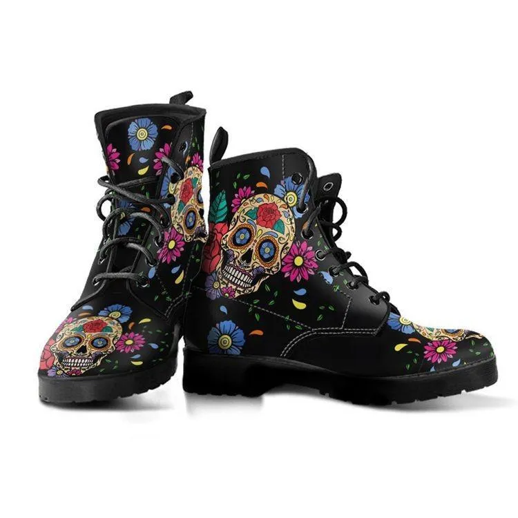 Women's colorful skull print black lace-up ankle boots
