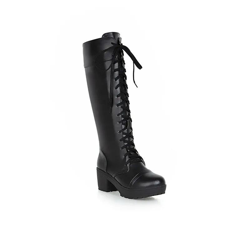 Women's Round Toe Lace Up Stitching Block Heel Platform Knee High Boots