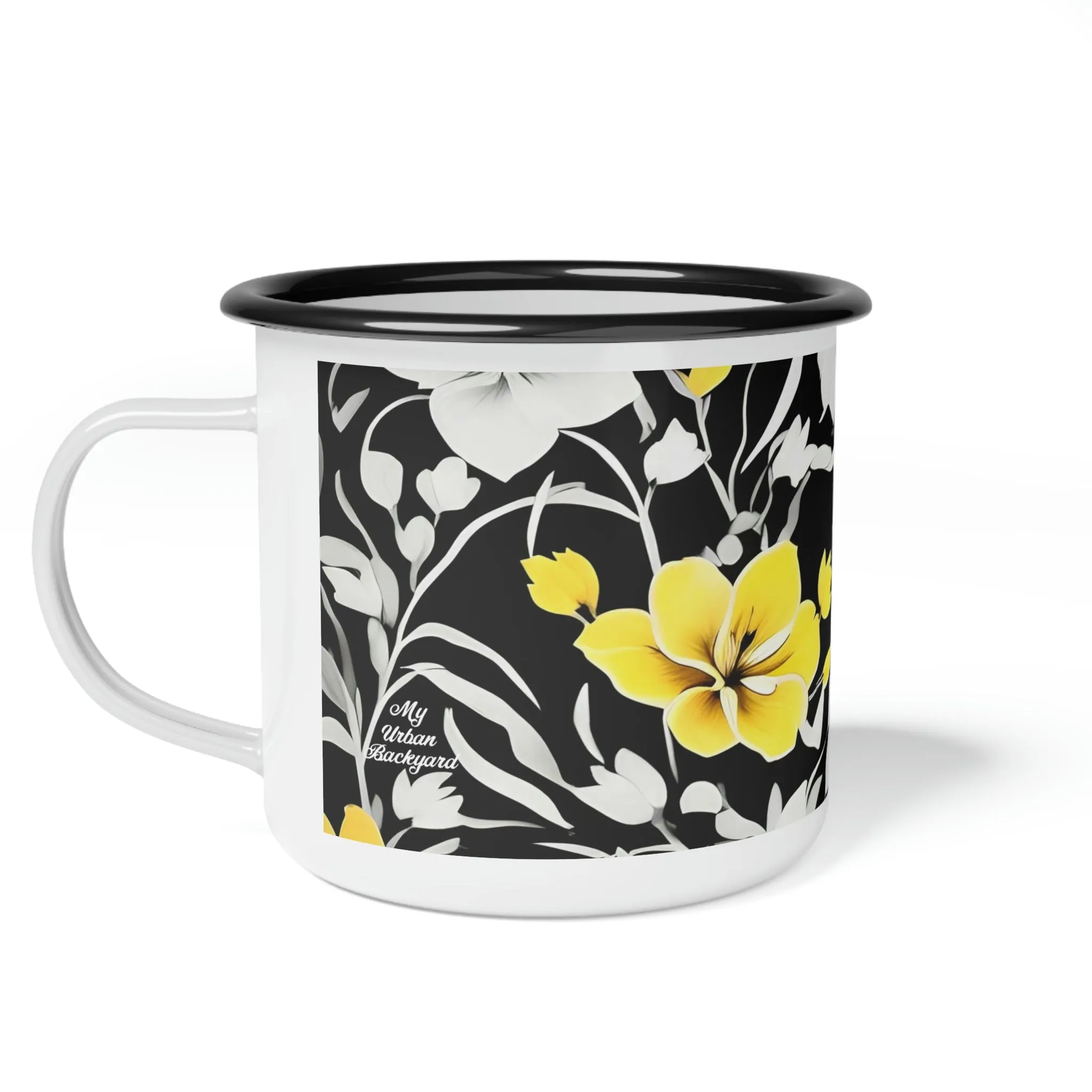 Yellow Flowers, Enamel Camping Mug for Coffee, Tea, Cocoa, or Cereal - 12oz