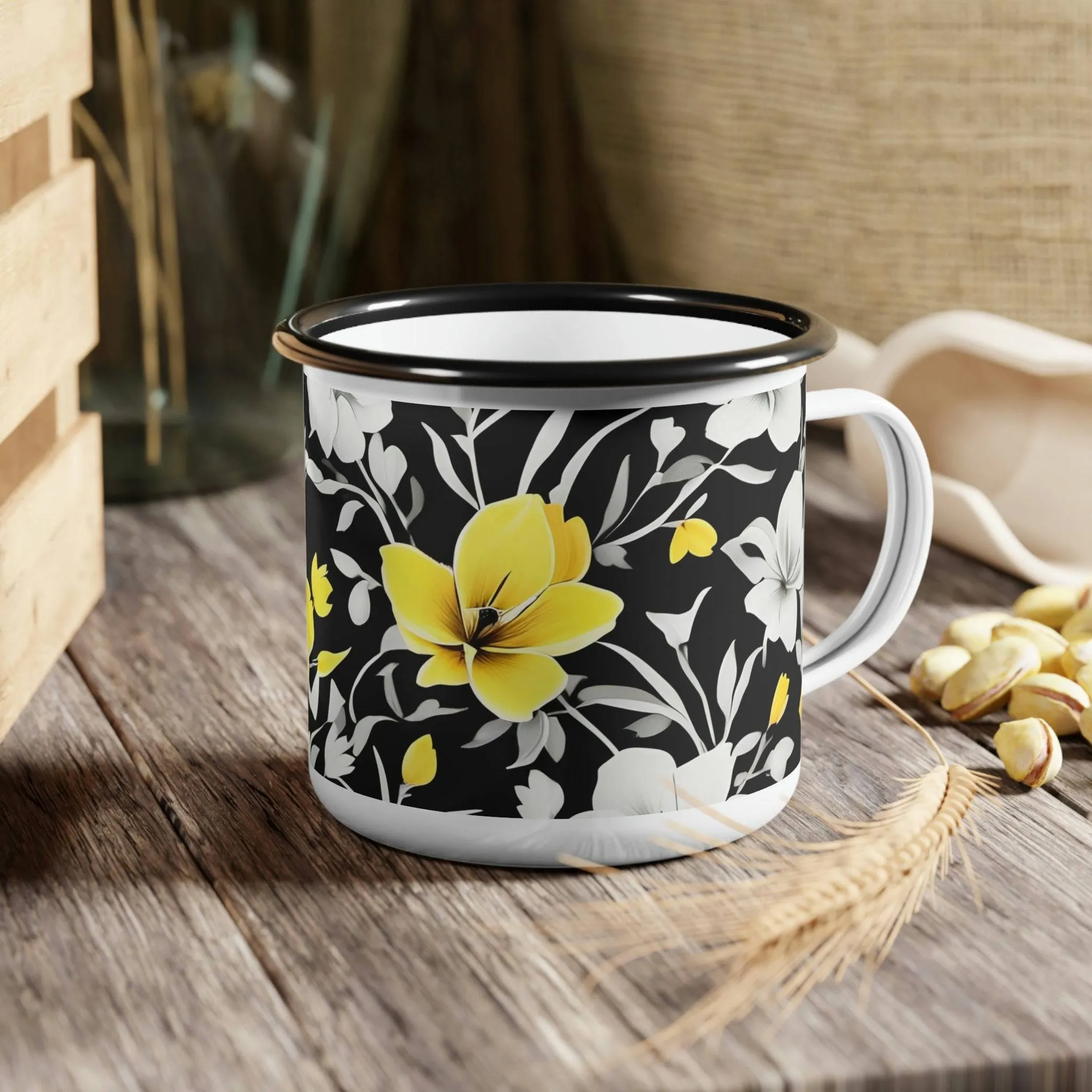 Yellow Flowers, Enamel Camping Mug for Coffee, Tea, Cocoa, or Cereal - 12oz