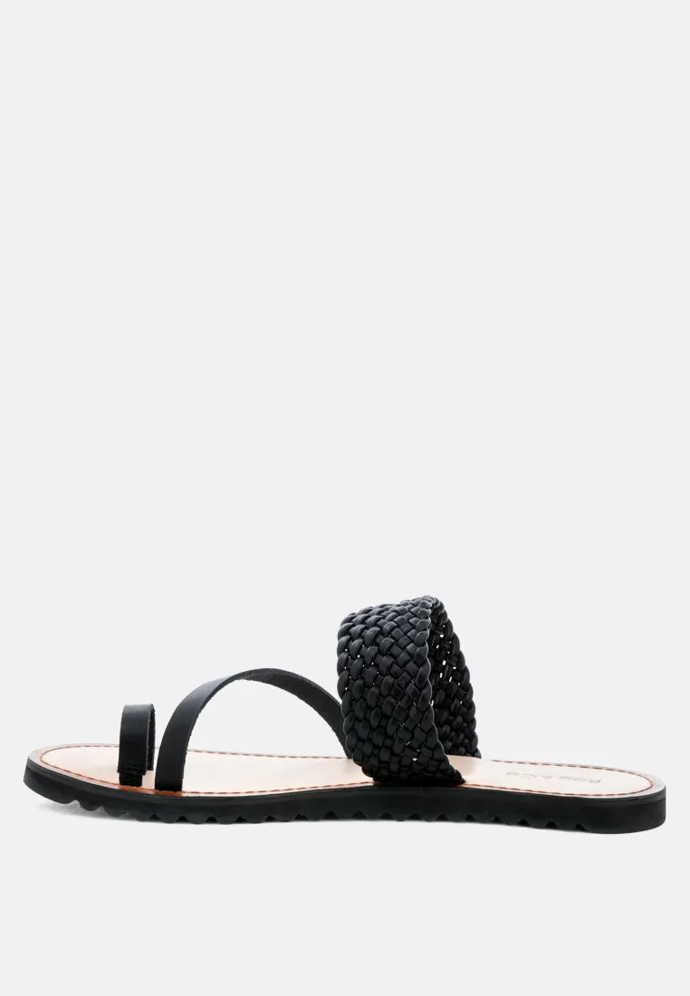 ZINA Black Braided Leather Flat Sandal